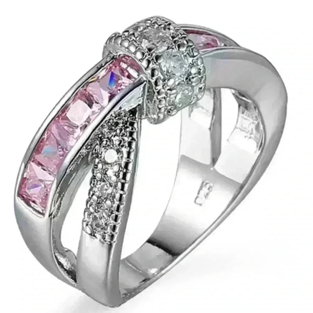- - 💞925 Silver Plated Antique Pink CZ Punk Party Cocktail Ring, GPMB1404